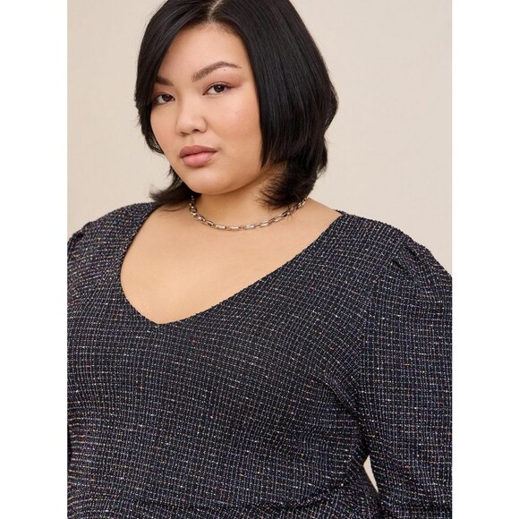 NWT Torrid 5X Black Rainbow Multicolor Boucle Knit V-Neck Peplum Top - Picture 4 of 8